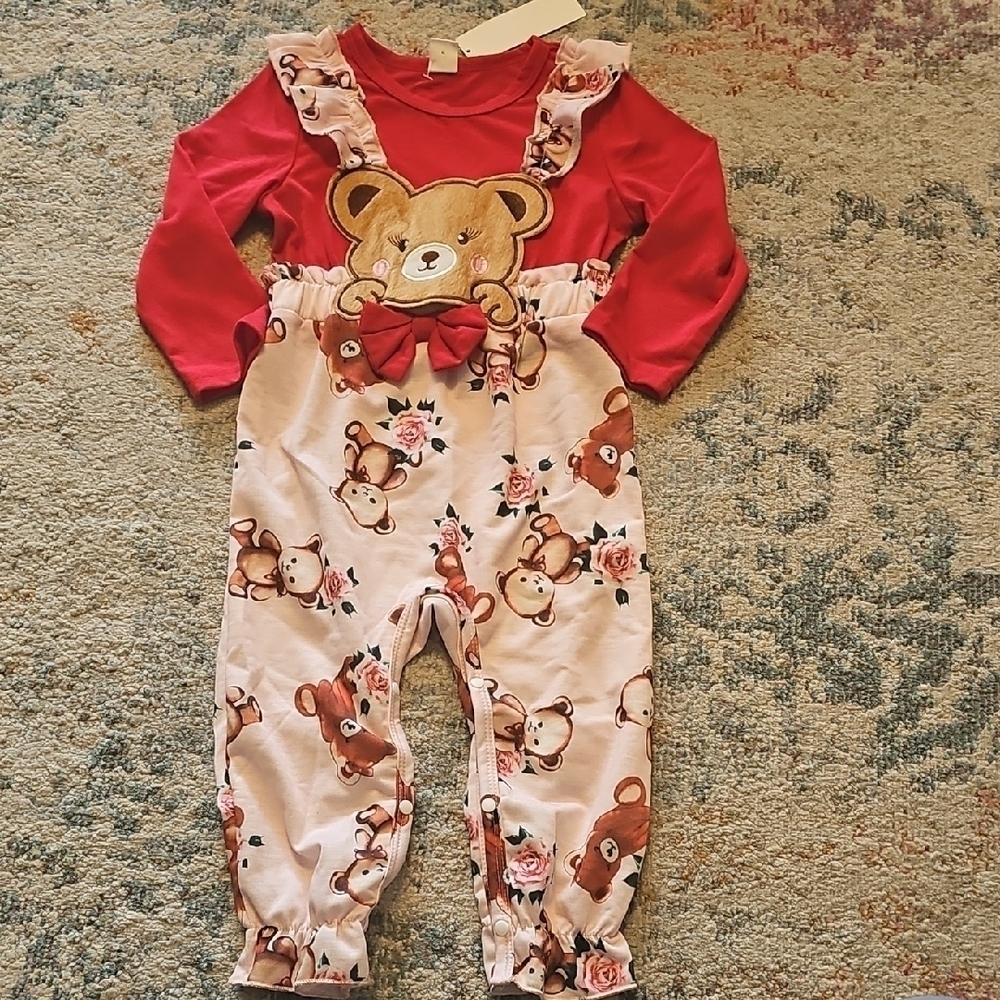 Baby Bear Print Ruffle Trim Bow Front 2 In 1 Jumpsuit
